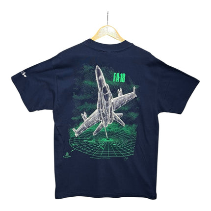 OutOf10 navy blue cotton t-shirt featuring a green radar grid and F/A-18 fighter jet graphic on the back