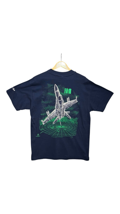 OutOf10 navy blue cotton t-shirt featuring a green radar grid and F/A-18 fighter jet graphic on the back