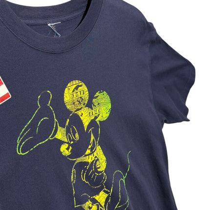OutOf10 navy blue cotton t-shirt featuring a stylized yellow and lime green Mickey Mouse graphic print.