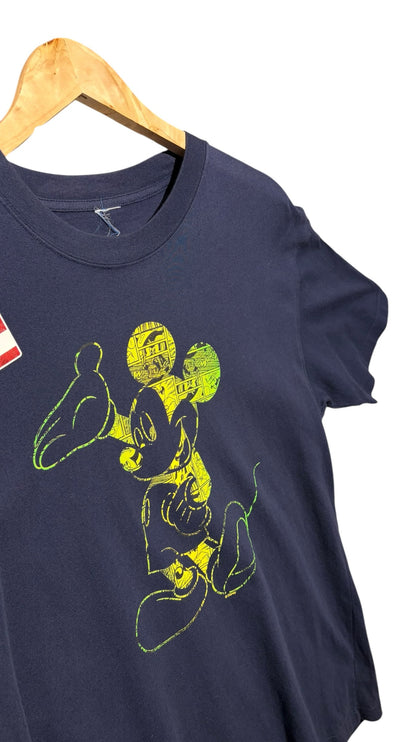 OutOf10 navy blue cotton t-shirt featuring a stylized yellow and lime green Mickey Mouse graphic print.