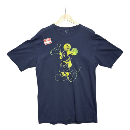 OutOf10 navy blue cotton t-shirt featuring a yellow and lime green Mickey Mouse graphic print on a wooden hanger.