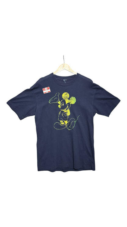 OutOf10 navy blue cotton t-shirt featuring a yellow and lime green Mickey Mouse graphic print on a wooden hanger.