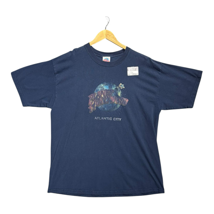 OutOf10 navy blue cotton crewneck t-shirt featuring a vintage Planet Hollywood Atlantic City graphic print.