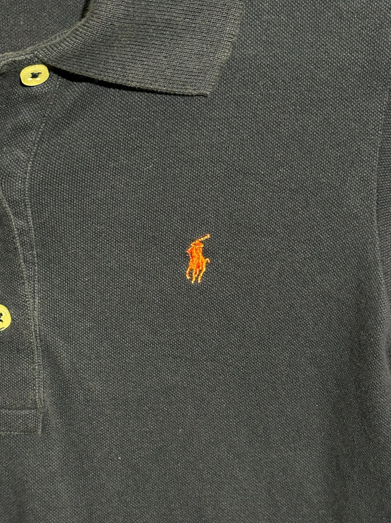 OutOf10 navy blue cotton pique polo dress with a classic collar and orange embroidered pony logo on the chest