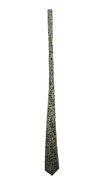 OutOf10 navy blue silk necktie featuring an intricate olive green, gold, and cream leaf-inspired patterned design.
