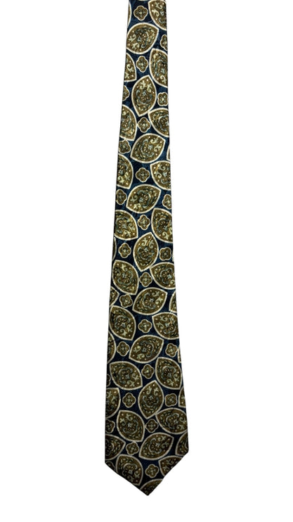 OutOf10 navy blue silk necktie with an intricate olive green, gold, and cream leaf-inspired repeating pattern.