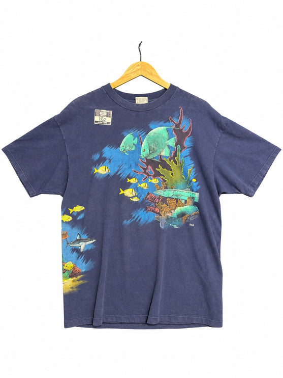 OutOf10 navy blue cotton t-shirt featuring a vibrant underwater graphic with tropical fish, a shark, and coral reef.