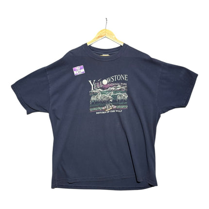 OutOf10 navy blue cotton crewneck t-shirt featuring a vintage Yellowstone National Park wolf graphic print.