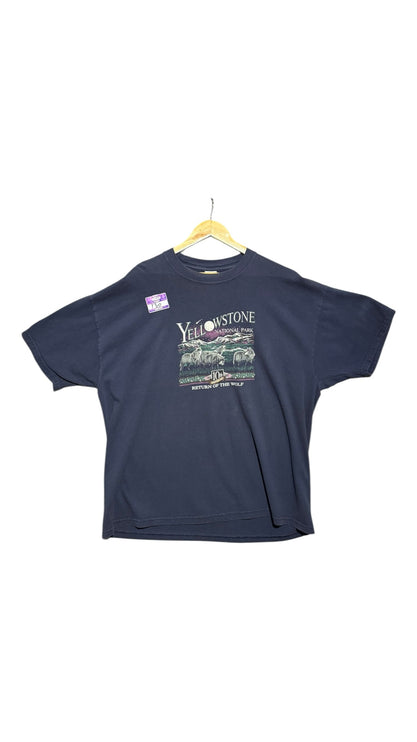 OutOf10 navy blue cotton crewneck t-shirt featuring a vintage Yellowstone National Park wolf graphic print.
