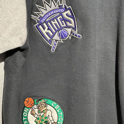 OutOf10 black cotton-blend zip-up hoodie featuring embroidered Sacramento Kings and Boston Celtics basketball patches