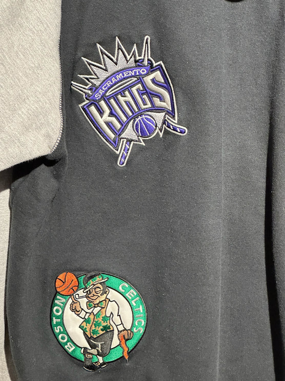 OutOf10 black cotton-blend zip-up hoodie featuring embroidered Sacramento Kings and Boston Celtics basketball patches