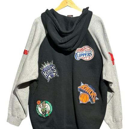 OutOf10 black and heather grey NBA zip-up hoodie featuring embroidered team patches on the back and raglan sleeves.