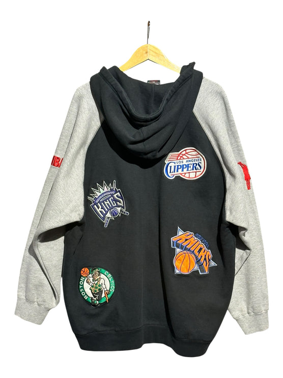 OutOf10 black and heather grey NBA zip-up hoodie featuring embroidered team patches on the back and raglan sleeves.