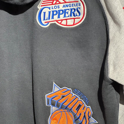 OutOf10 black and grey cotton-blend zip-up hoodie featuring embroidered Los Angeles Clippers and New York Knicks patches