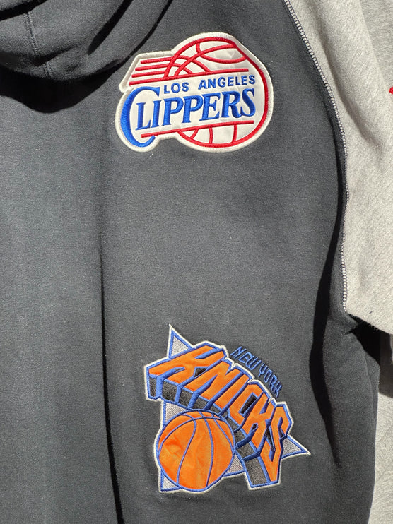 OutOf10 black and grey cotton-blend zip-up hoodie featuring embroidered Los Angeles Clippers and New York Knicks patches
