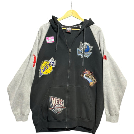 OutOf10 black and grey raglan sleeve zip-up hoodie featuring embroidered NBA team patches on the front