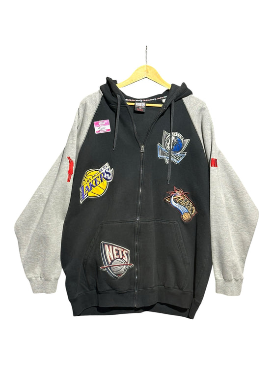OutOf10 black and grey raglan sleeve zip-up hoodie featuring embroidered NBA team patches on the front