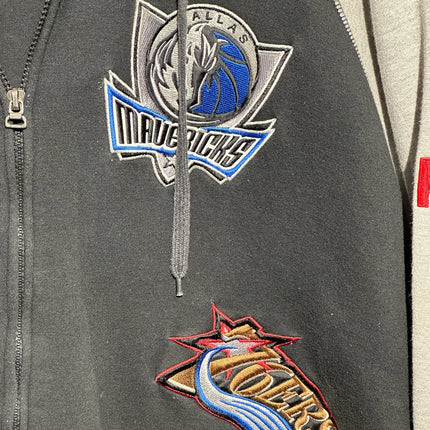 OutOf10 black and grey zip-up hoodie featuring embroidered Dallas Mavericks and 76ers basketball team patches.
