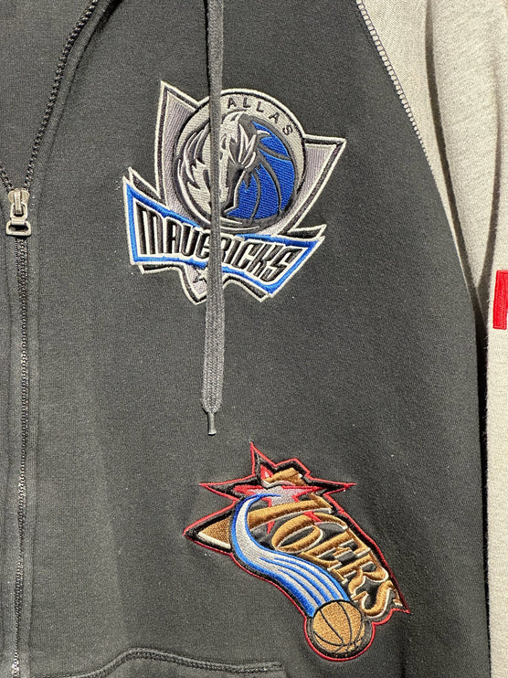 OutOf10 black and grey zip-up hoodie featuring embroidered Dallas Mavericks and 76ers basketball team patches.