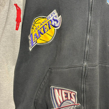 OutOf10 black and grey zip-up hoodie featuring embroidered Los Angeles Lakers and Brooklyn Nets basketball team patches