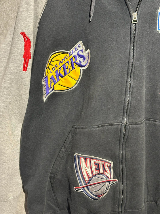 OutOf10 black and grey zip-up hoodie featuring embroidered Los Angeles Lakers and Brooklyn Nets basketball team patches
