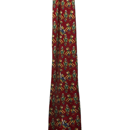 OutOf10 Nick Bronson red silk necktie featuring a whimsical patterned print of small figures on a smooth fabric