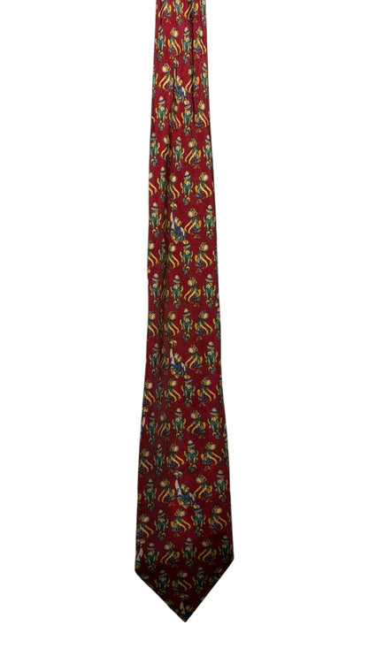 OutOf10 Nick Bronson red silk necktie featuring a whimsical patterned print of small figures on a smooth fabric