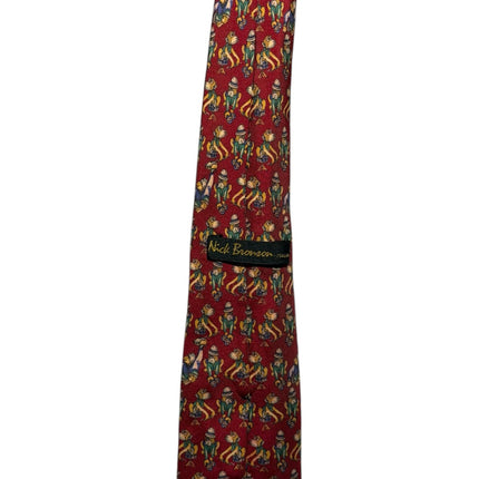OutOf10 Nick Bronson red silk necktie featuring a whimsical patterned print of small figures, made in Italy.