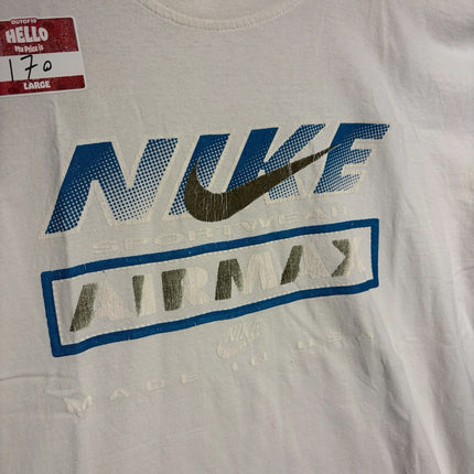OutOf10 vintage white cotton Nike Air Max graphic t-shirt with blue and metallic silver retro logo print
