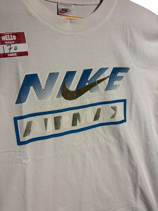 OutOf10 vintage white cotton Nike Air Max graphic t-shirt with blue and metallic silver retro logo print