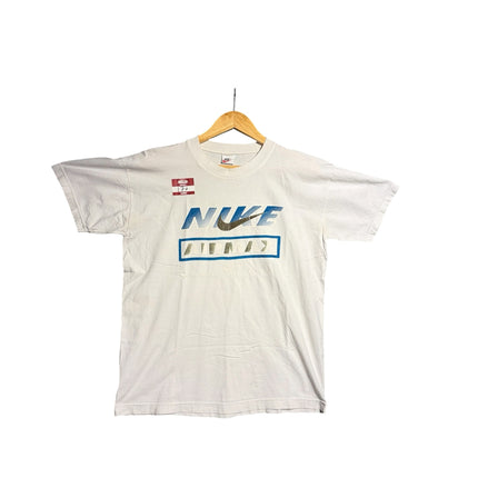 OutOf10 vintage white Nike Air Max graphic t-shirt with blue and metallic silver logo on a wooden hanger
