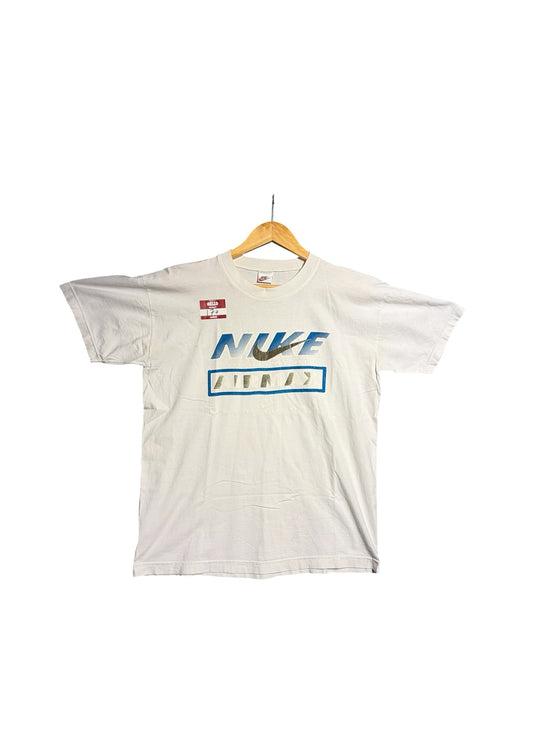 OutOf10 vintage white Nike Air Max graphic t-shirt with blue and metallic silver logo on a wooden hanger