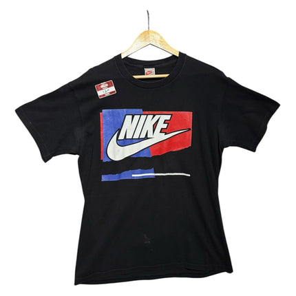 OutOf10 black Nike crewneck t-shirt with a red and blue graphic print on a wooden hanger