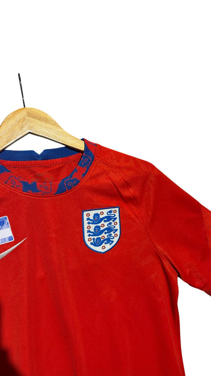OutOf10 red Nike England national football team jersey with blue patterned collar and Three Lions crest on chest