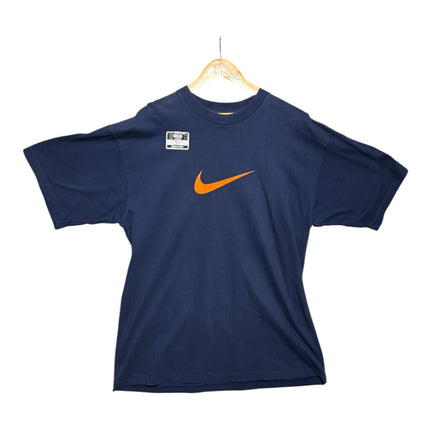 OutOf10 navy blue Nike cotton t-shirt with a vibrant orange Swoosh logo on the chest, displayed on a wooden hanger.