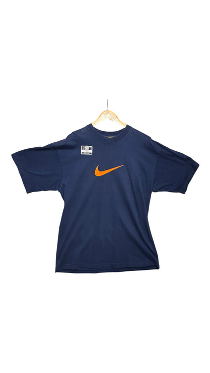 OutOf10 navy blue Nike cotton t-shirt with a vibrant orange Swoosh logo on the chest, displayed on a wooden hanger.