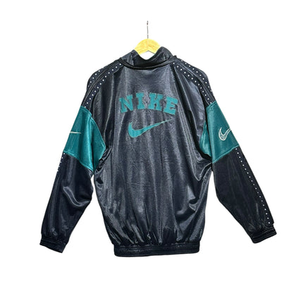 OutOf10 vintage Nike black and teal track jacket with back embroidery, star sleeve detailing, and full zip closure.