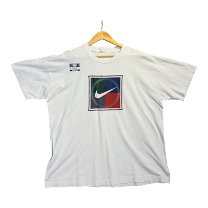 OutOf10 white Nike cotton crewneck t-shirt featuring a multi-coloured square graphic with a central Swoosh logo.