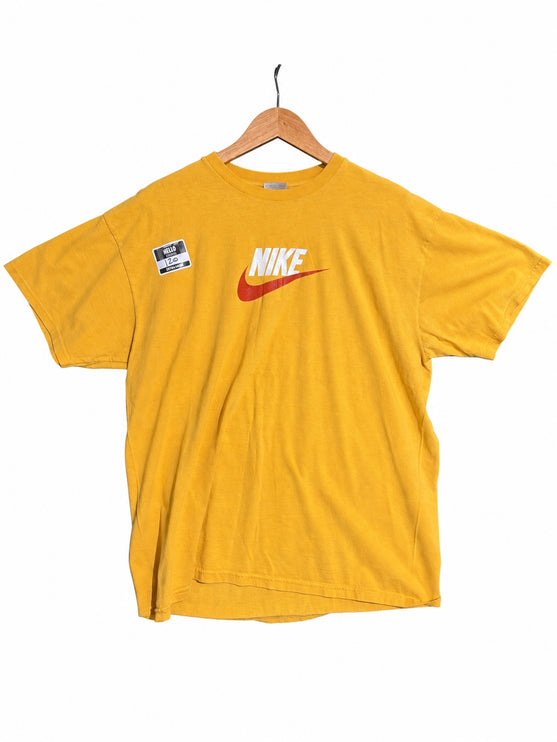OutOf10 Nike yellow crew neck t-shirt with red and white logo on chest hanging on a wooden hanger