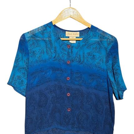 OutOf10 Nina Kalio short sleeve blouse in azure to navy ombre with a tonal paisley print and button-down front.
