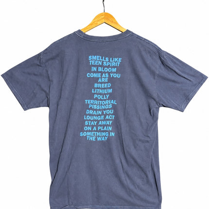OutOf10 charcoal grey Nirvana Nevermind band t-shirt featuring a blue tracklist print on the back on a wooden hanger