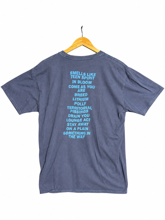 OutOf10 charcoal grey Nirvana Nevermind band t-shirt featuring a blue tracklist print on the back on a wooden hanger
