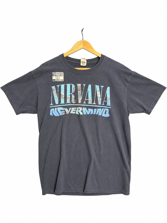 OutOf10 charcoal grey Nirvana Nevermind graphic band t-shirt with distressed blue lettering on a wooden hanger.