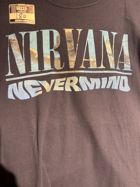 OutOf10 charcoal grey Nirvana Nevermind graphic t-shirt with distressed blue band logo print on soft cotton fabric