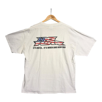 OutOf10 white cotton short sleeve t-shirt with vintage No Fear American flag logo and slogan on the back