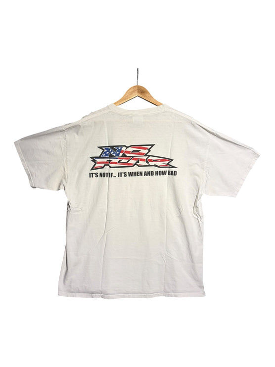 OutOf10 white cotton short sleeve t-shirt with vintage No Fear American flag logo and slogan on the back