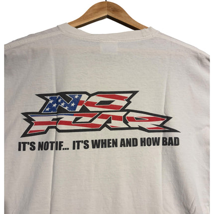 OutOf10 white cotton t-shirt featuring a vintage No Fear American flag logo and slogan on the back