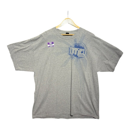 OutOf10 Oakley heather grey cotton-blend short sleeve t-shirt with a blue graphic chest print on a wooden hanger