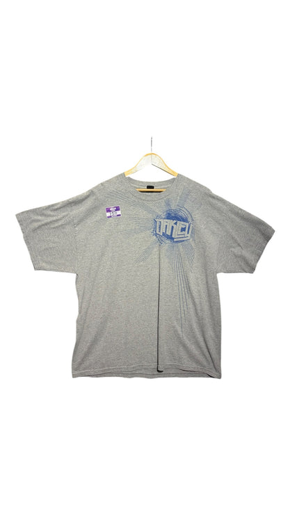 OutOf10 Oakley heather grey cotton-blend short sleeve t-shirt with a blue graphic chest print on a wooden hanger