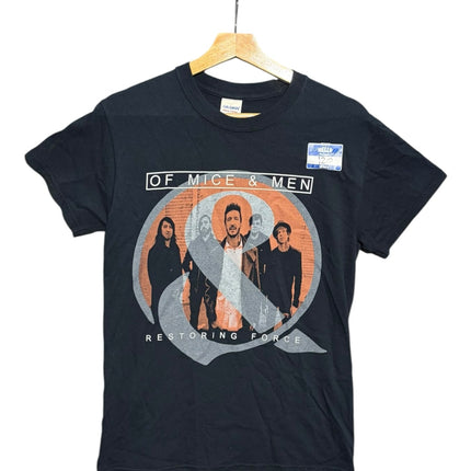 OutOf10 black Of Mice & Men Restoring Force graphic cotton band t-shirt with crew neck on a wooden hanger